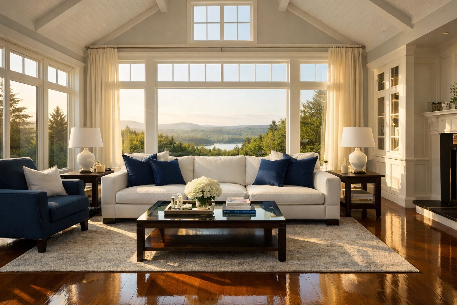 A clean, sun-drenched living room with white furniture showing high-end house cleaning in Ashburnham MA.