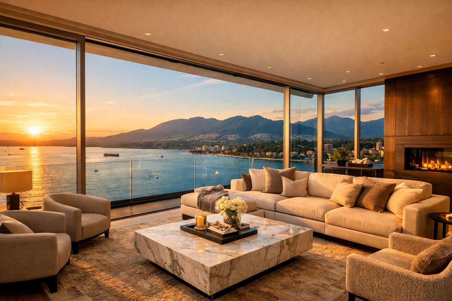 Luxury Vancouver penthouse living room with ocean views, optimized for premium guests and high rental yields.