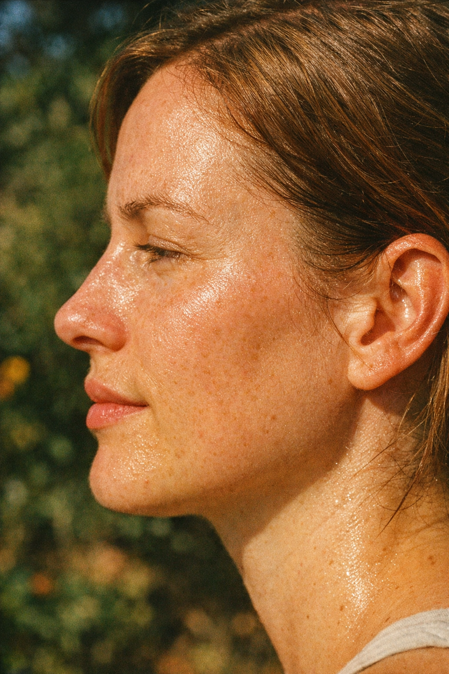 A person's healthy skin with natural glow and texture after using minimalist tallow skincare in sunlight.