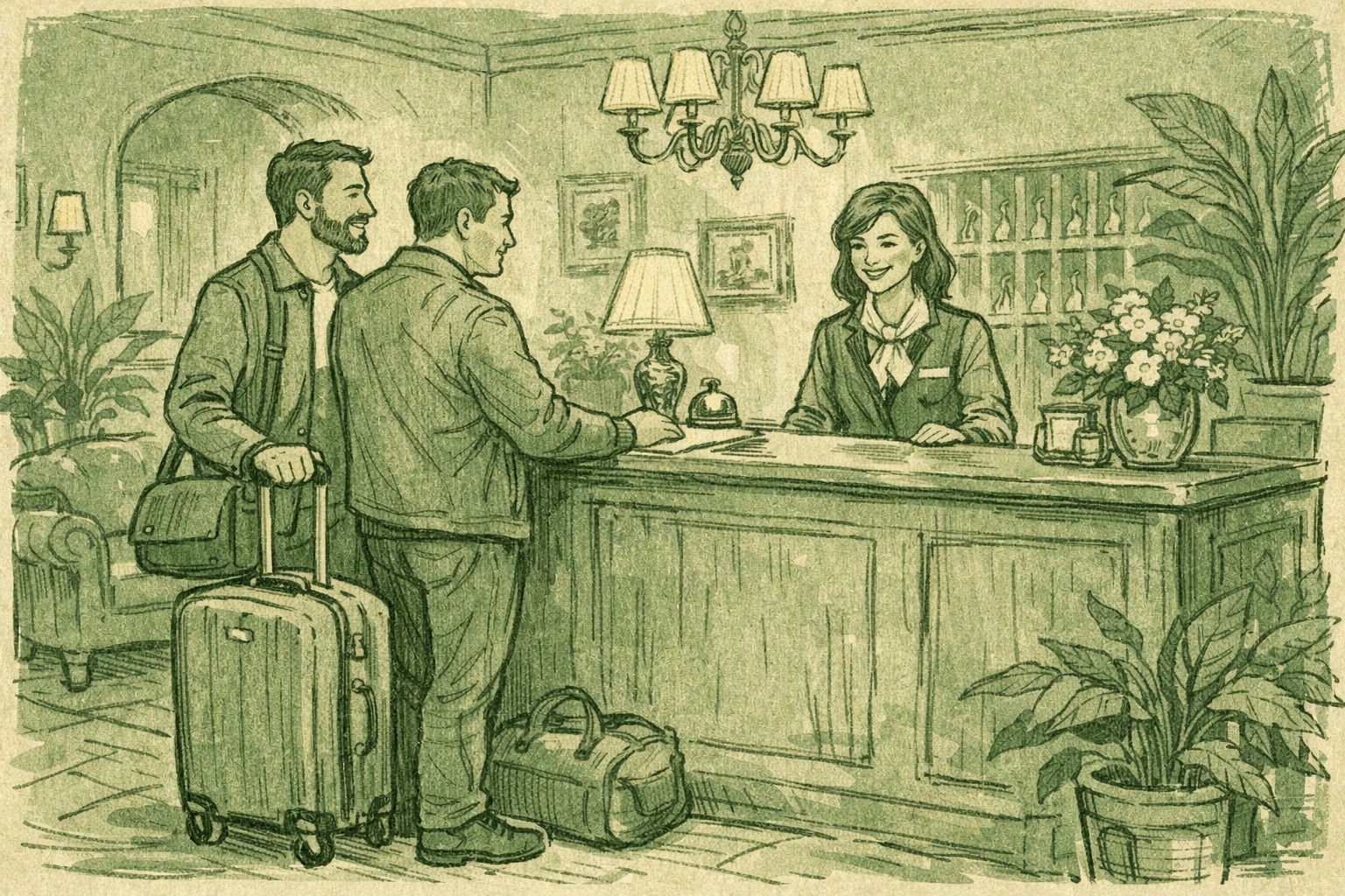 Two men checking into LGBTQ-friendly boutique hotel with welcoming staff