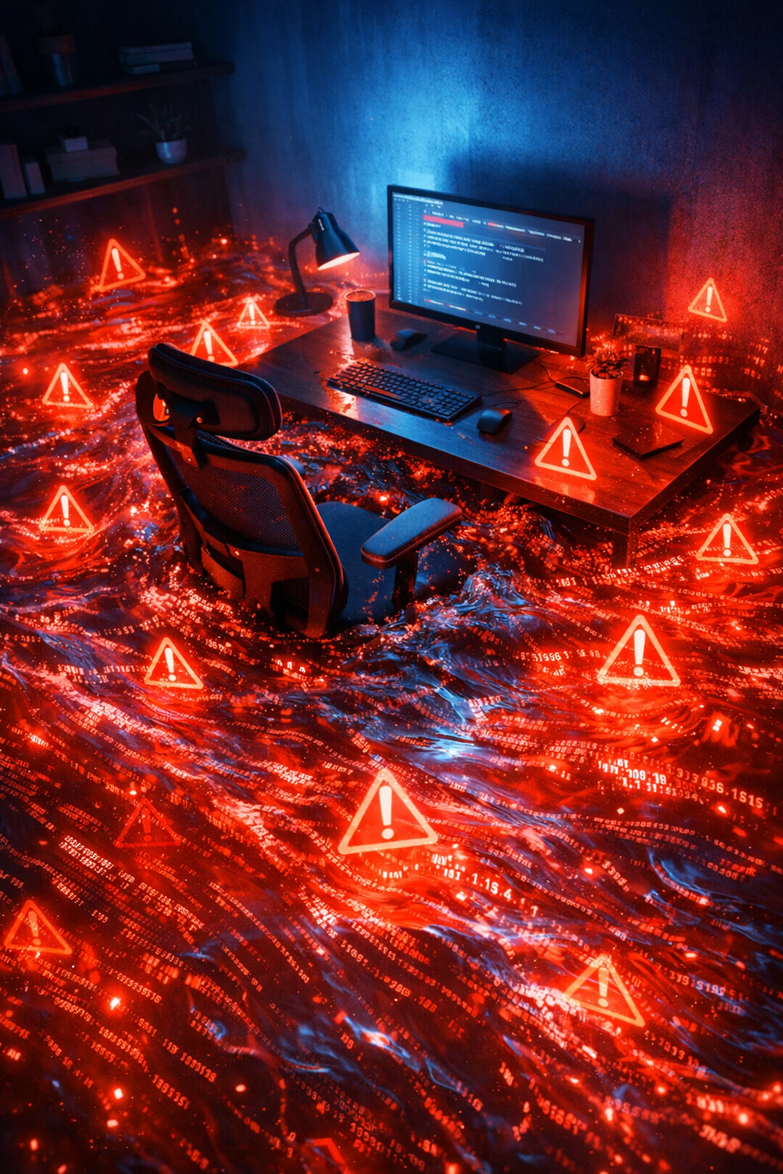 Digital flood of red warning alerts and code overflowing in an office, symbolising alert fatigue.