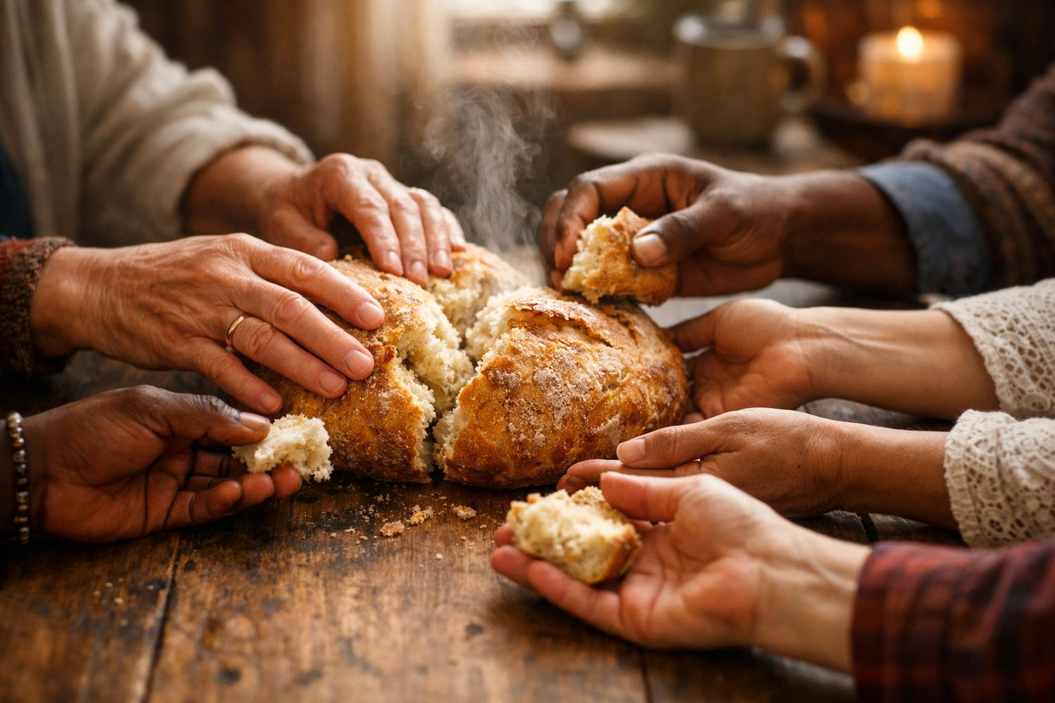 Hands from diverse backgrounds sharing a loaf of bread to symbolize community hospitality and service.