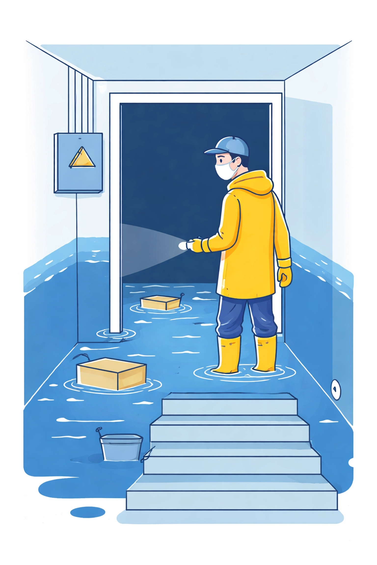 Homeowner in protective gear inspects flooded basement for emergency flood cleanup safety steps