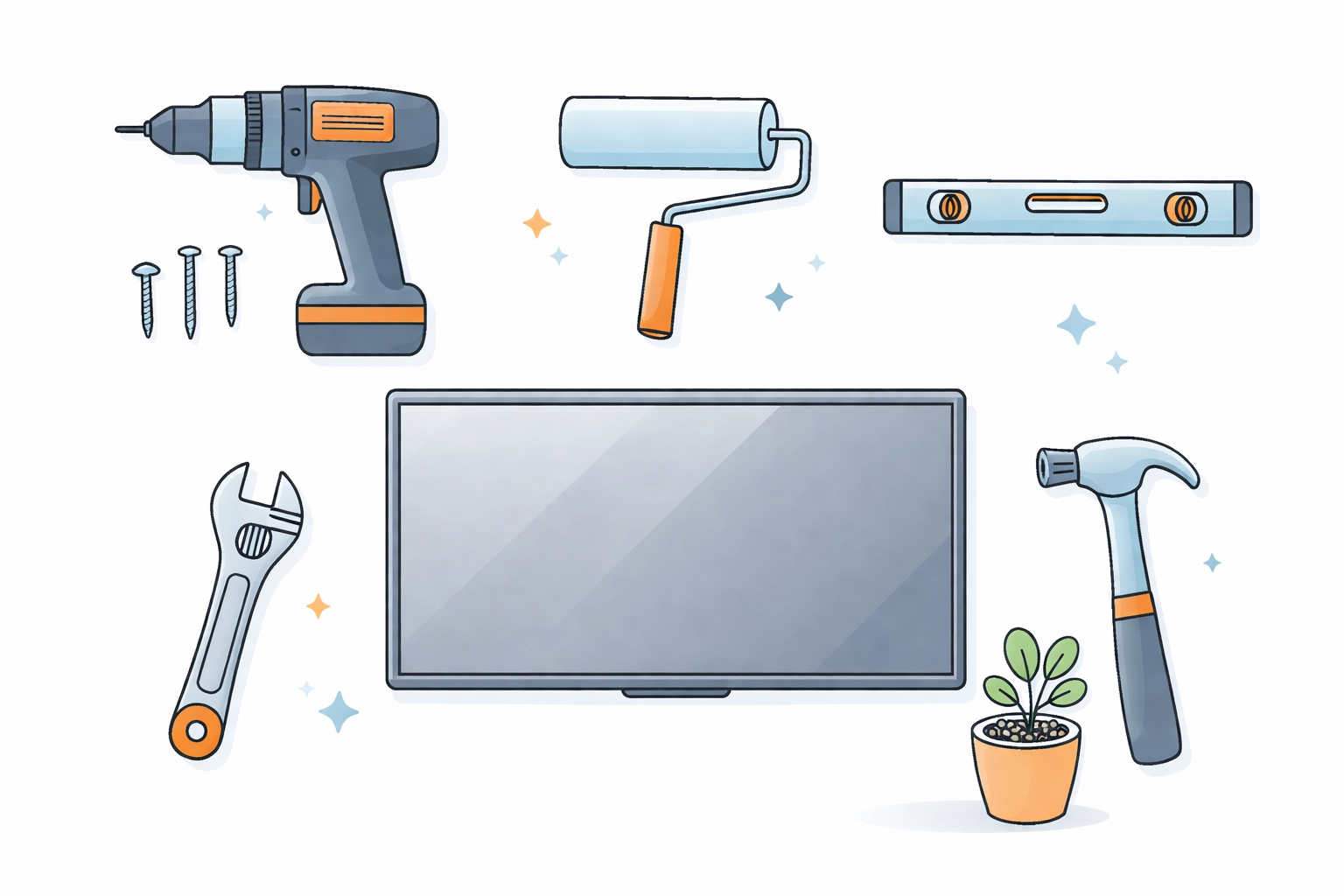 A selection of home repair tools like a cordless drill, paint roller, flat-screen TV, and wrench, representing Vancouver handyman services.