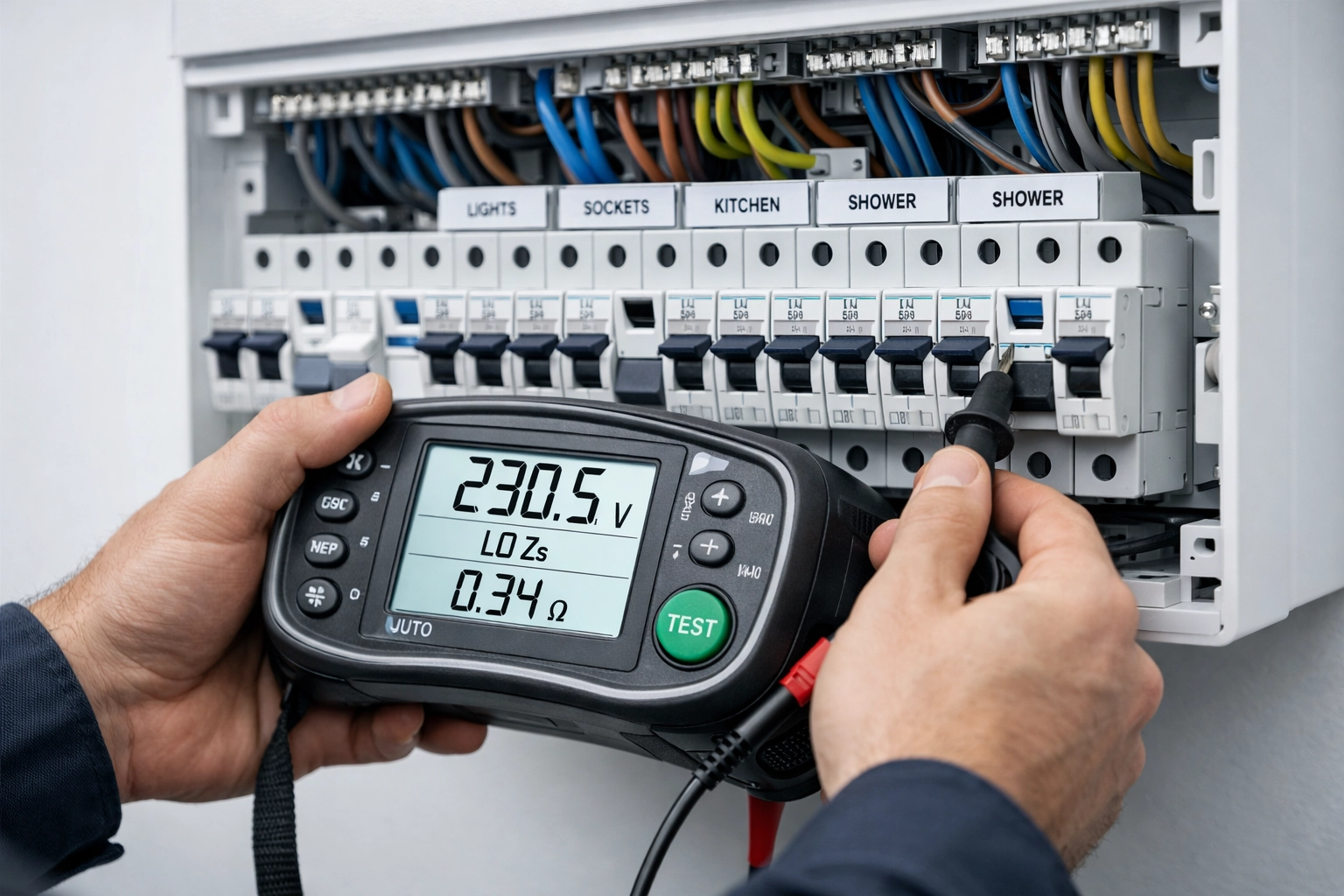 Electrician in Dorset testing a residential consumer unit for electrical safety compliance.