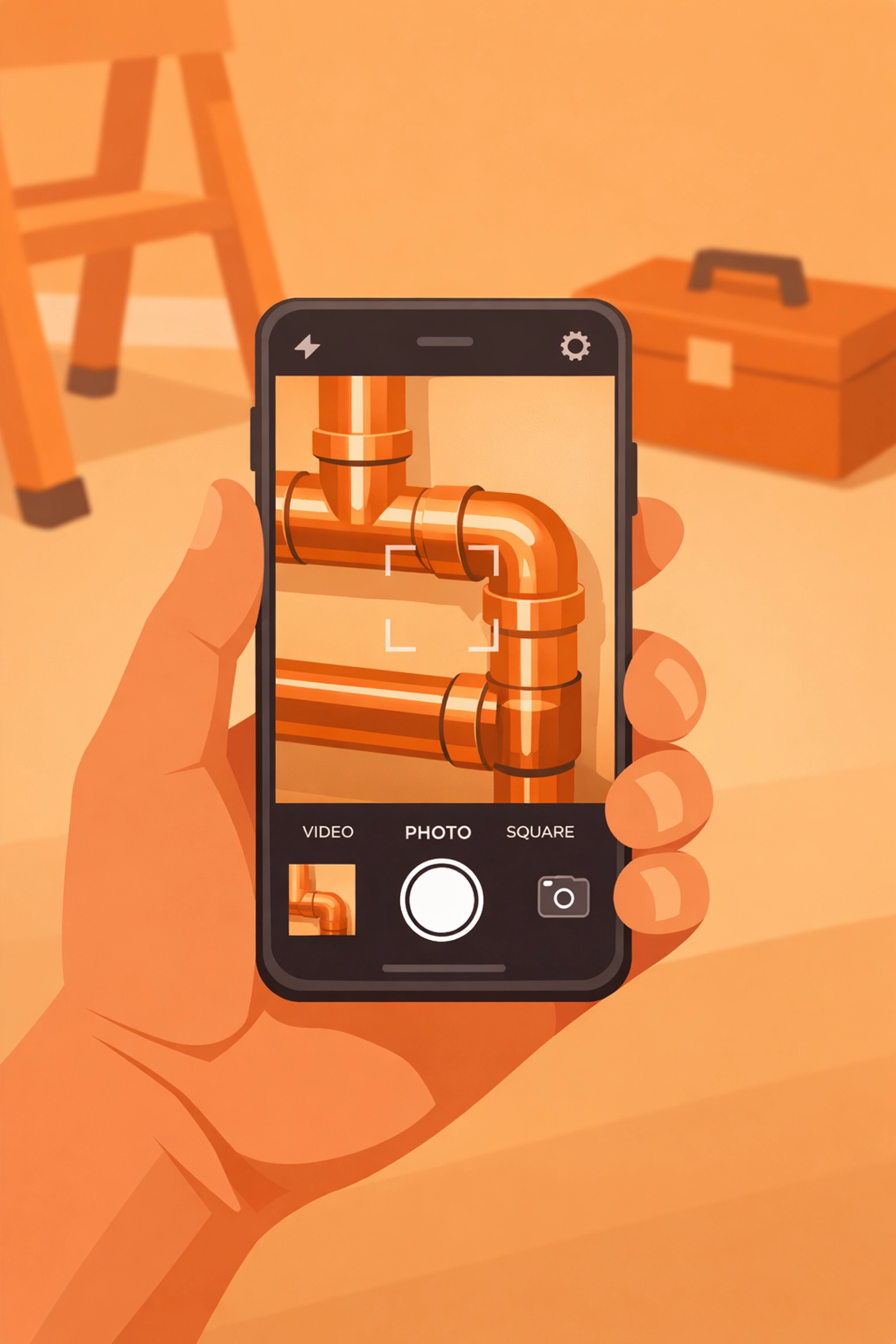 Plumber using a before and after photo app to capture high-quality construction photo documentation.