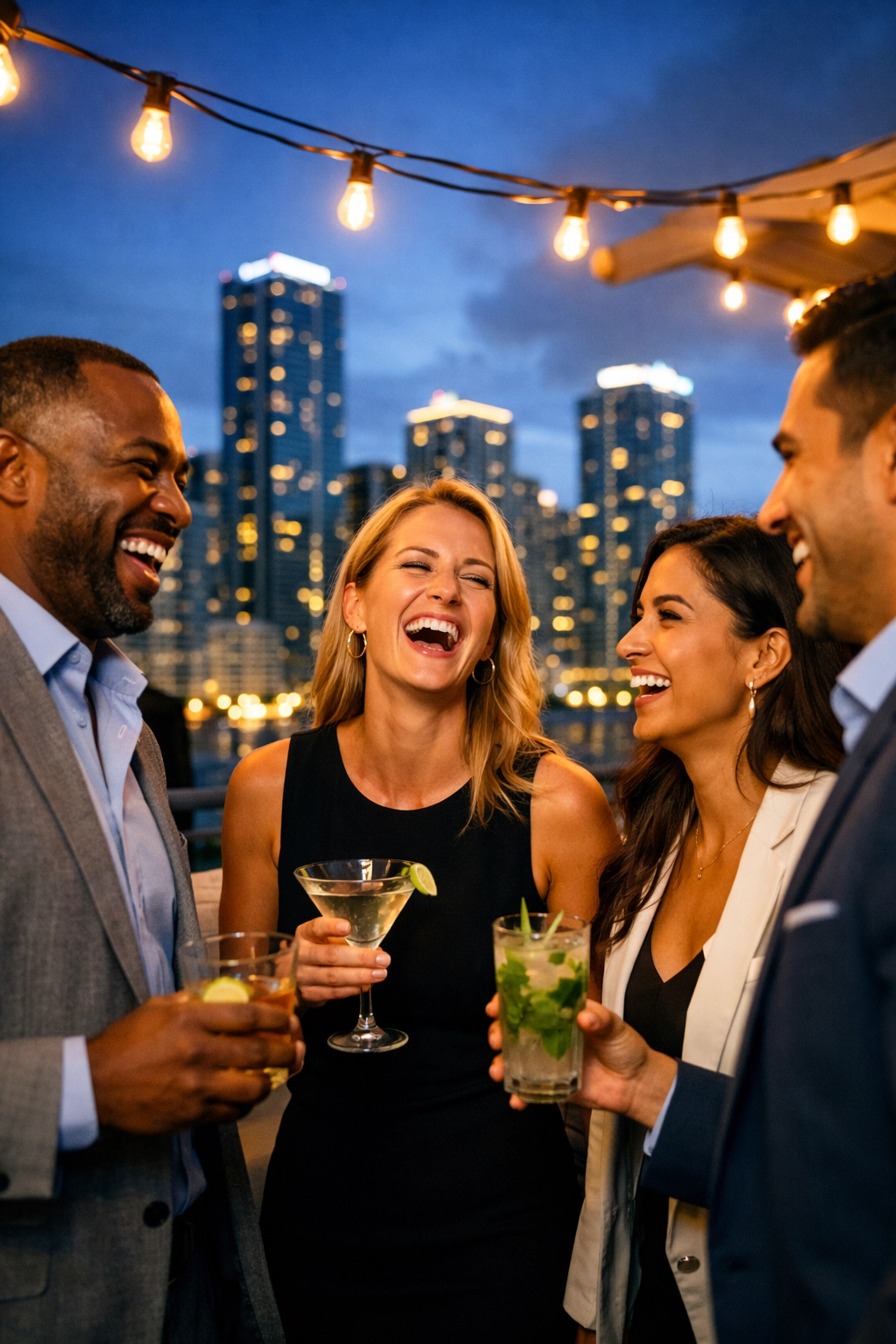 Corporate conference photographer Miami capturing candid networking on a Brickell rooftop at dusk.