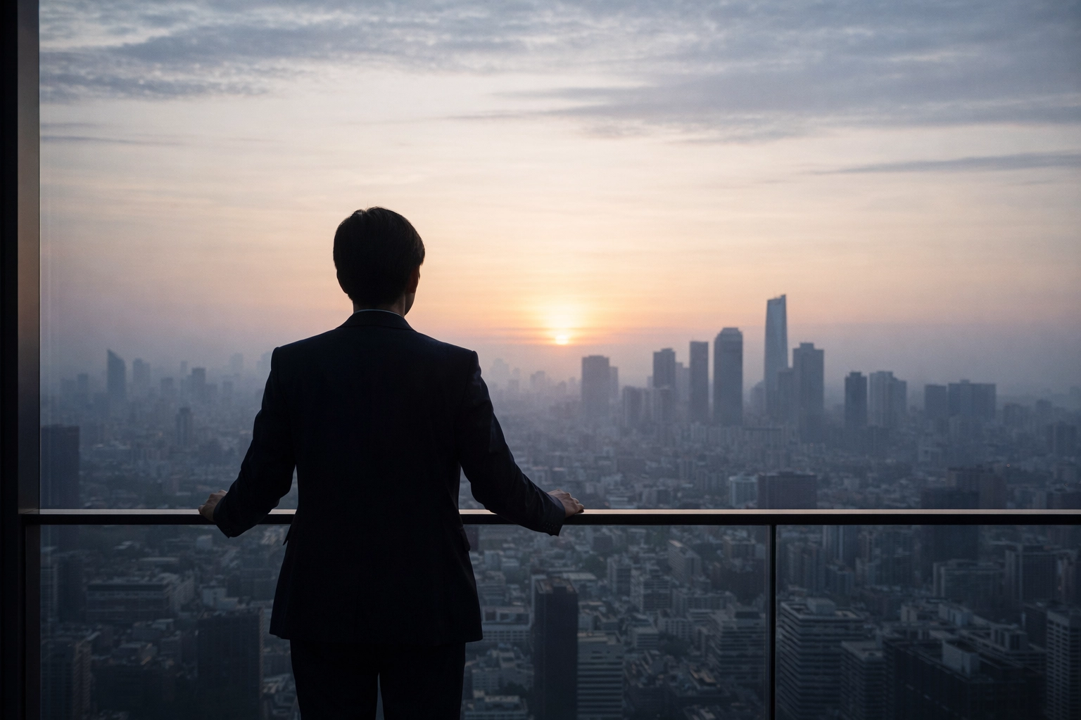 A business leader viewing a city at dawn, representing the future of work and high-trust leadership.