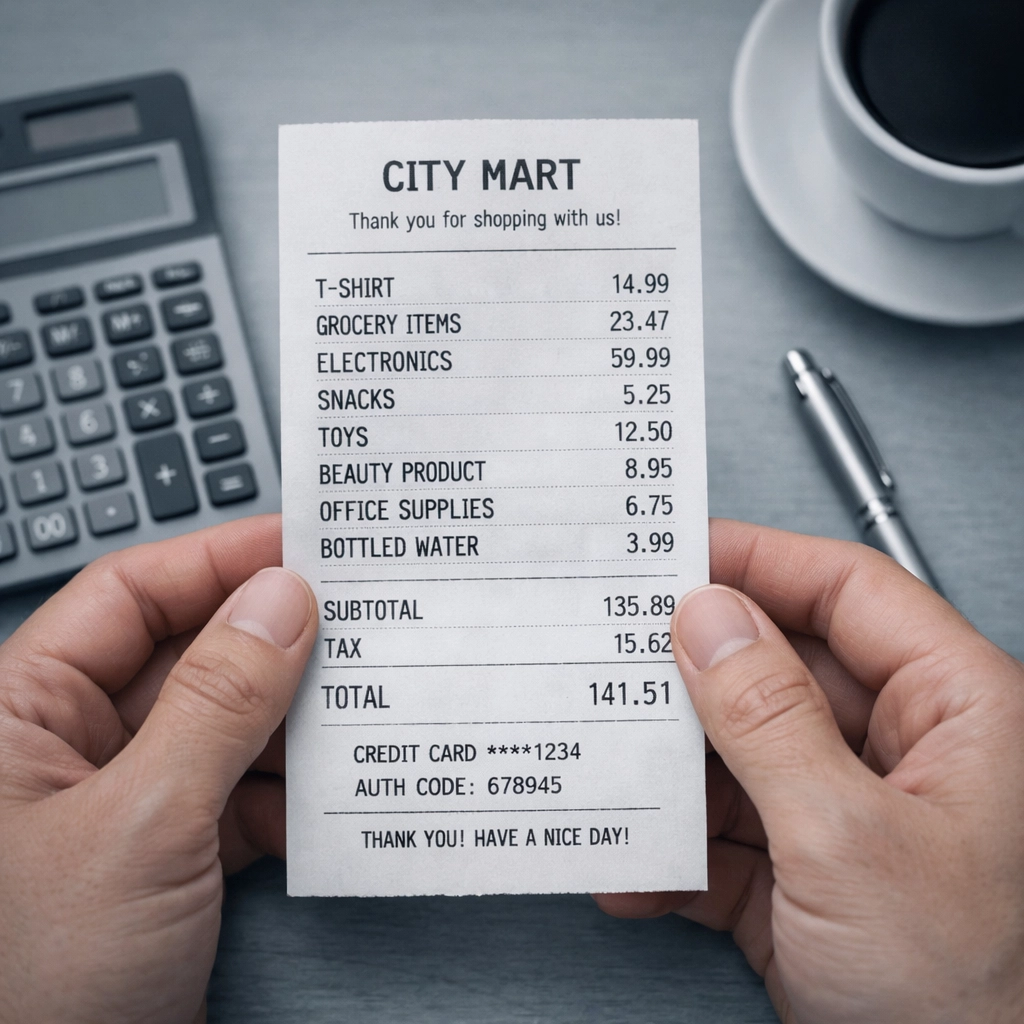 Business owner reviewing multi-item receipt for proper expense categorization with calculator