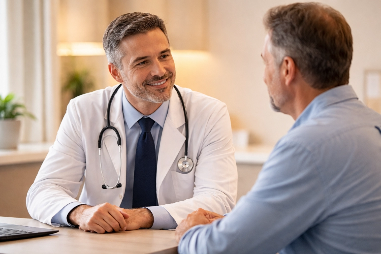 Caring doctor consults with a patient about erectile dysfunction solutions in a modern medical office.