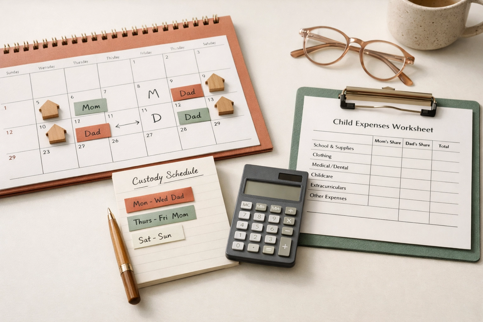 Calendar and paperwork showing a child support modification in Virginia and shared custody schedule