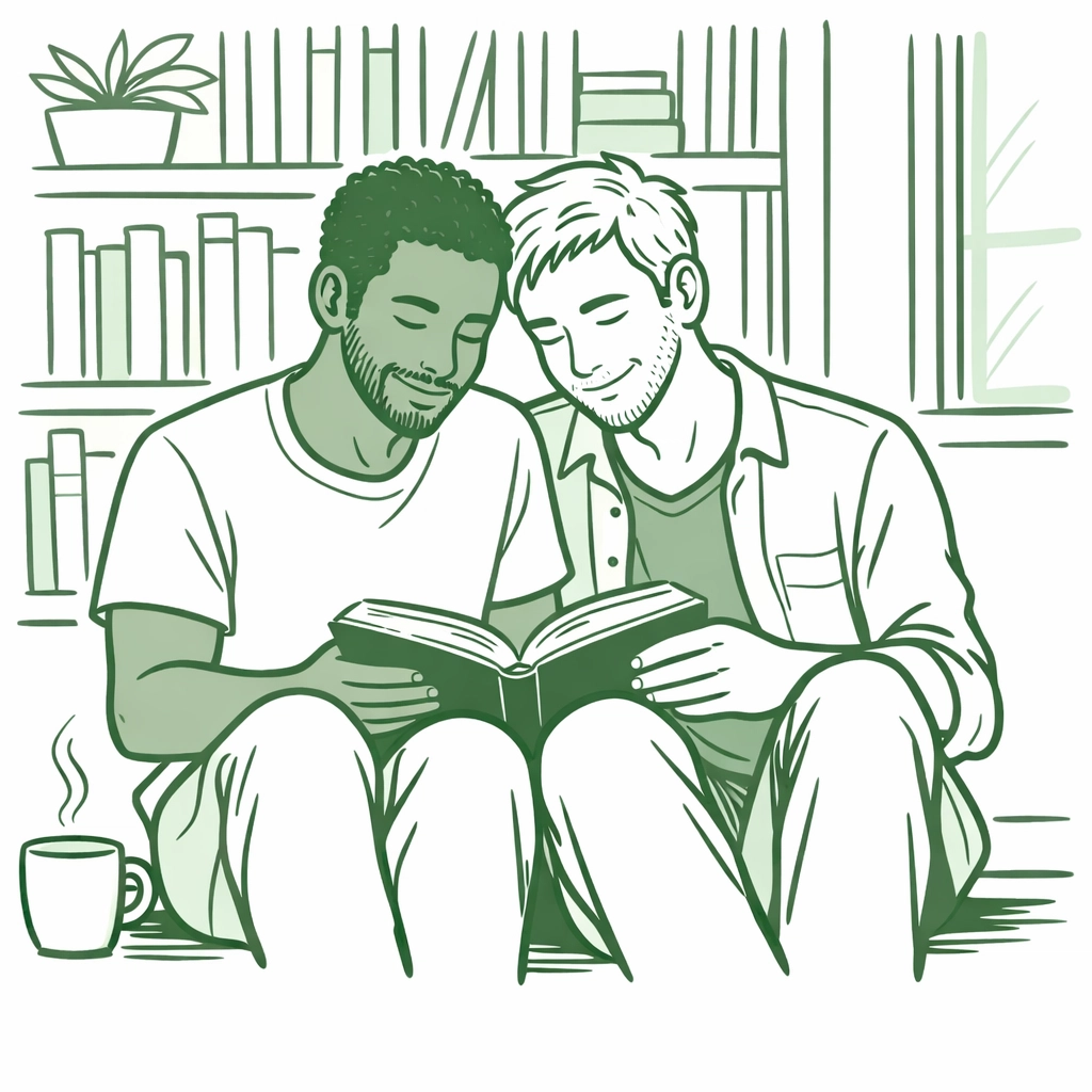 Minimalist MM couple sharing a book in a library, illustrating companionship and found family in queer books.