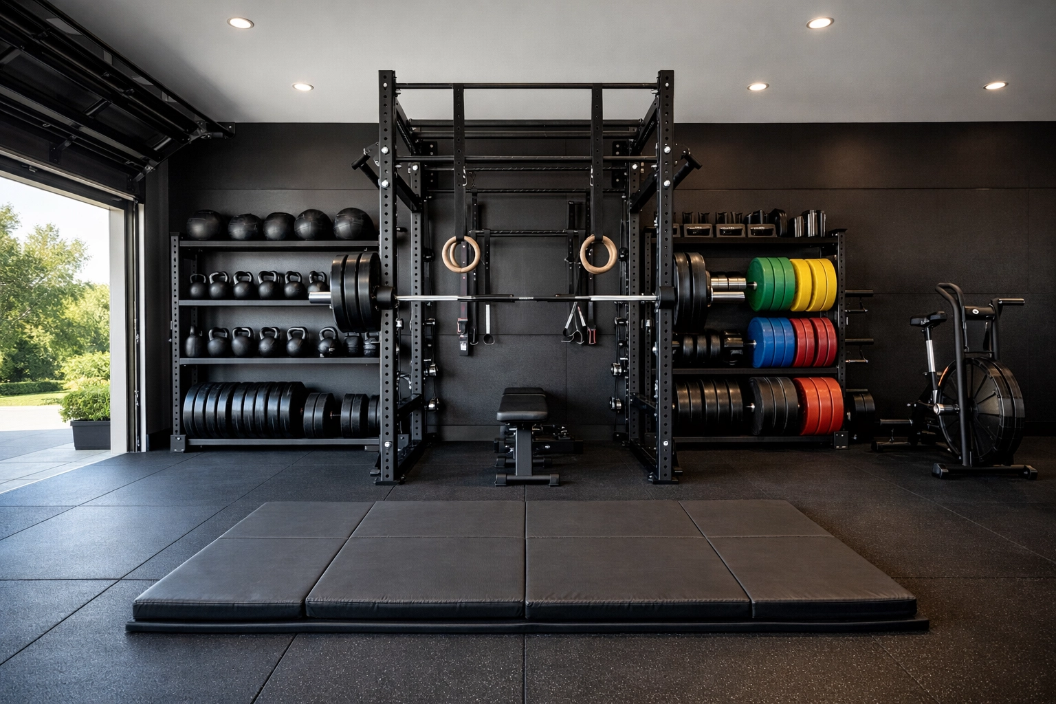 A professional versatile home gym setup featuring a no wall damage workout system.
