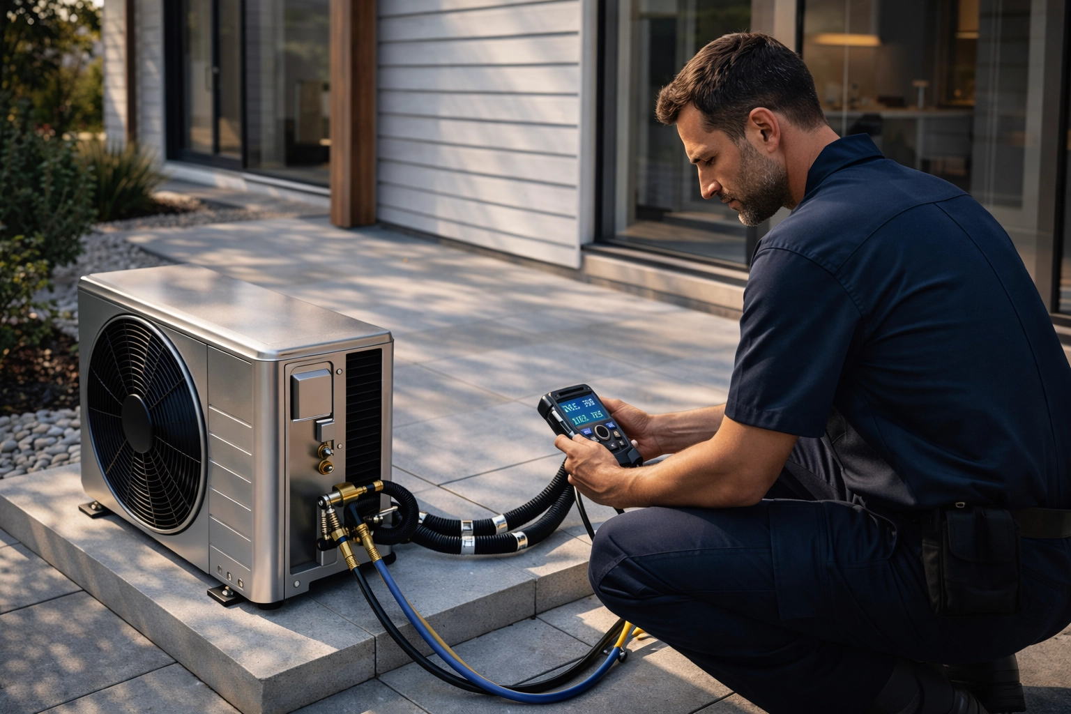 Premium HVAC technician servicing a modern outdoor AC condenser beside a well-designed Western New York home.