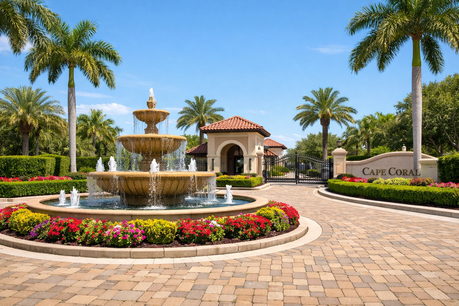 Luxury entrance to gated communities in Cape Coral Florida, showcasing high-end real estate and HOAs.