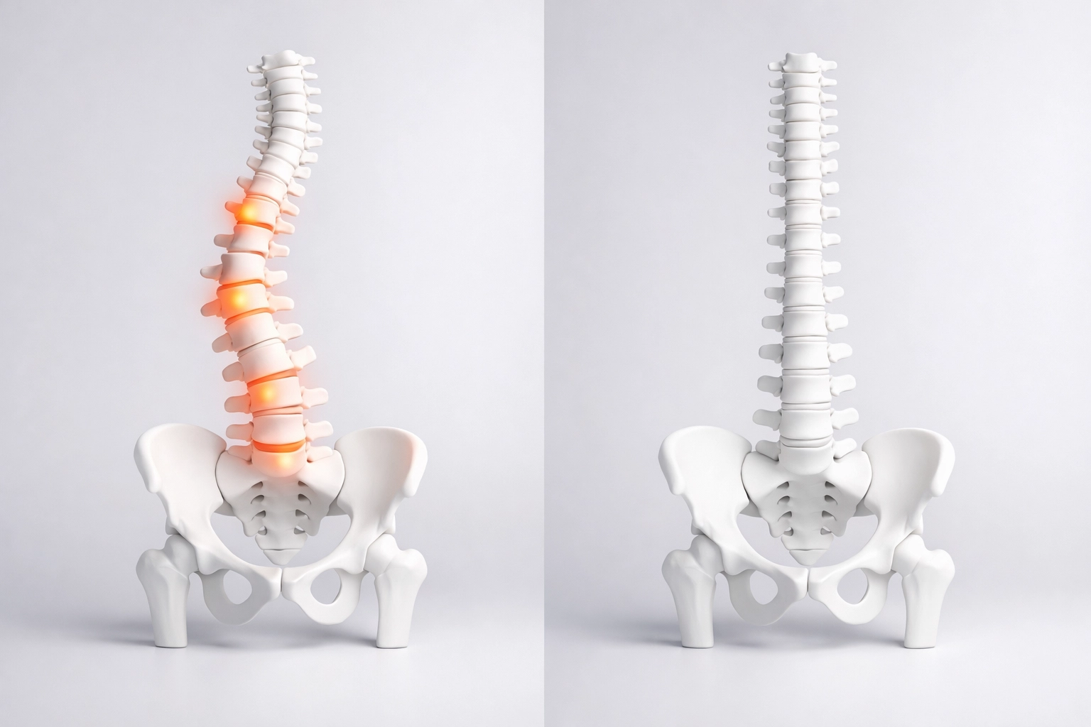 Visual comparison of spinal imbalance causing sciatica versus a healthy, balanced pelvic alignment.
