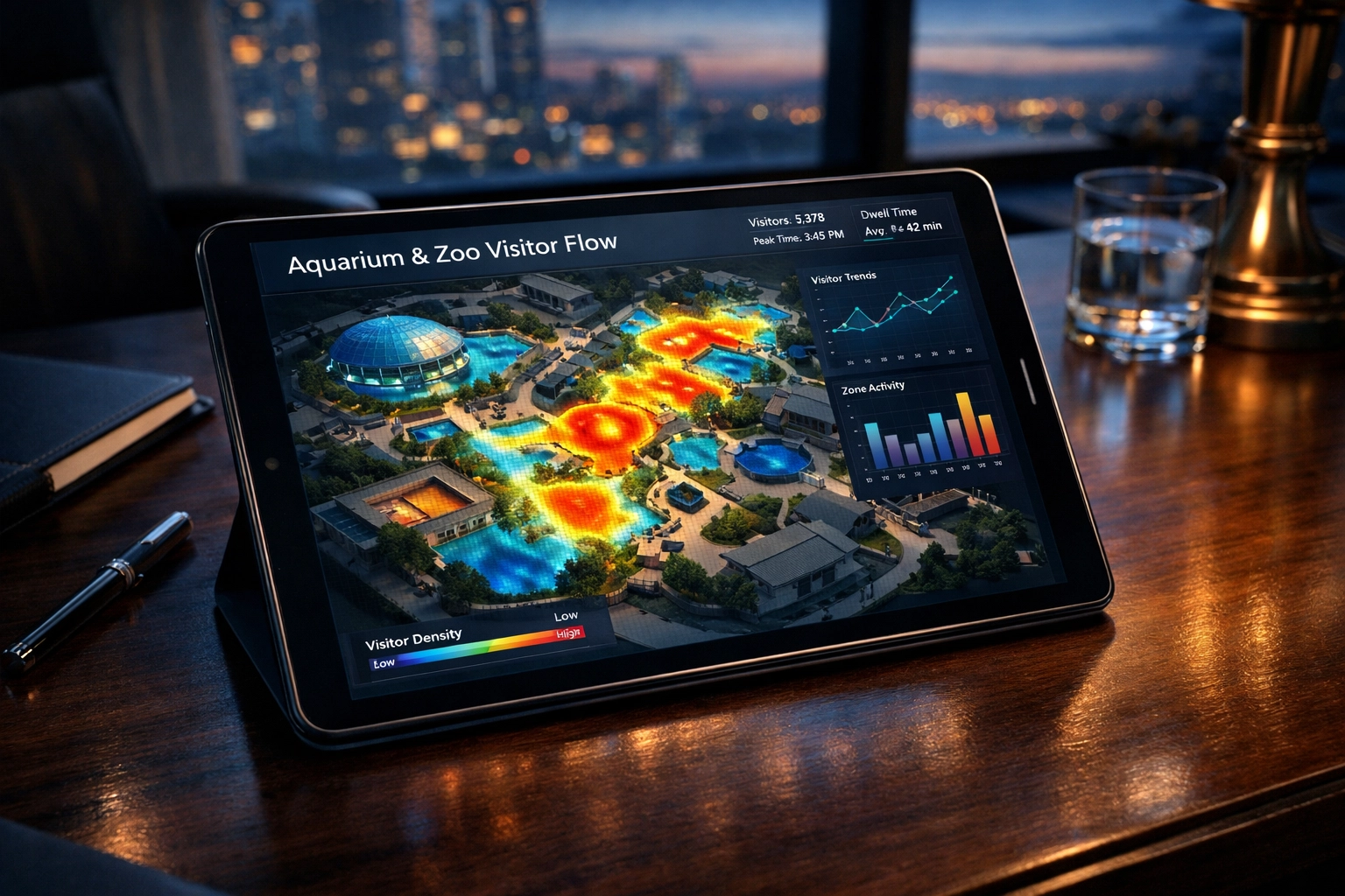Digital tablet showing a visitor density heatmap and website analytics for a smart aquarium and zoo complex.