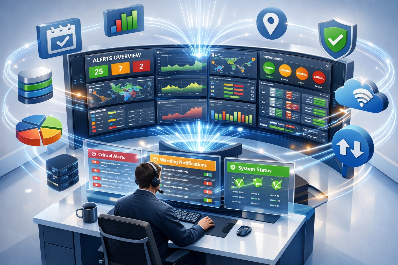 ITOM Event Management dashboard displaying real-time system health monitoring and alert consolidation interface
