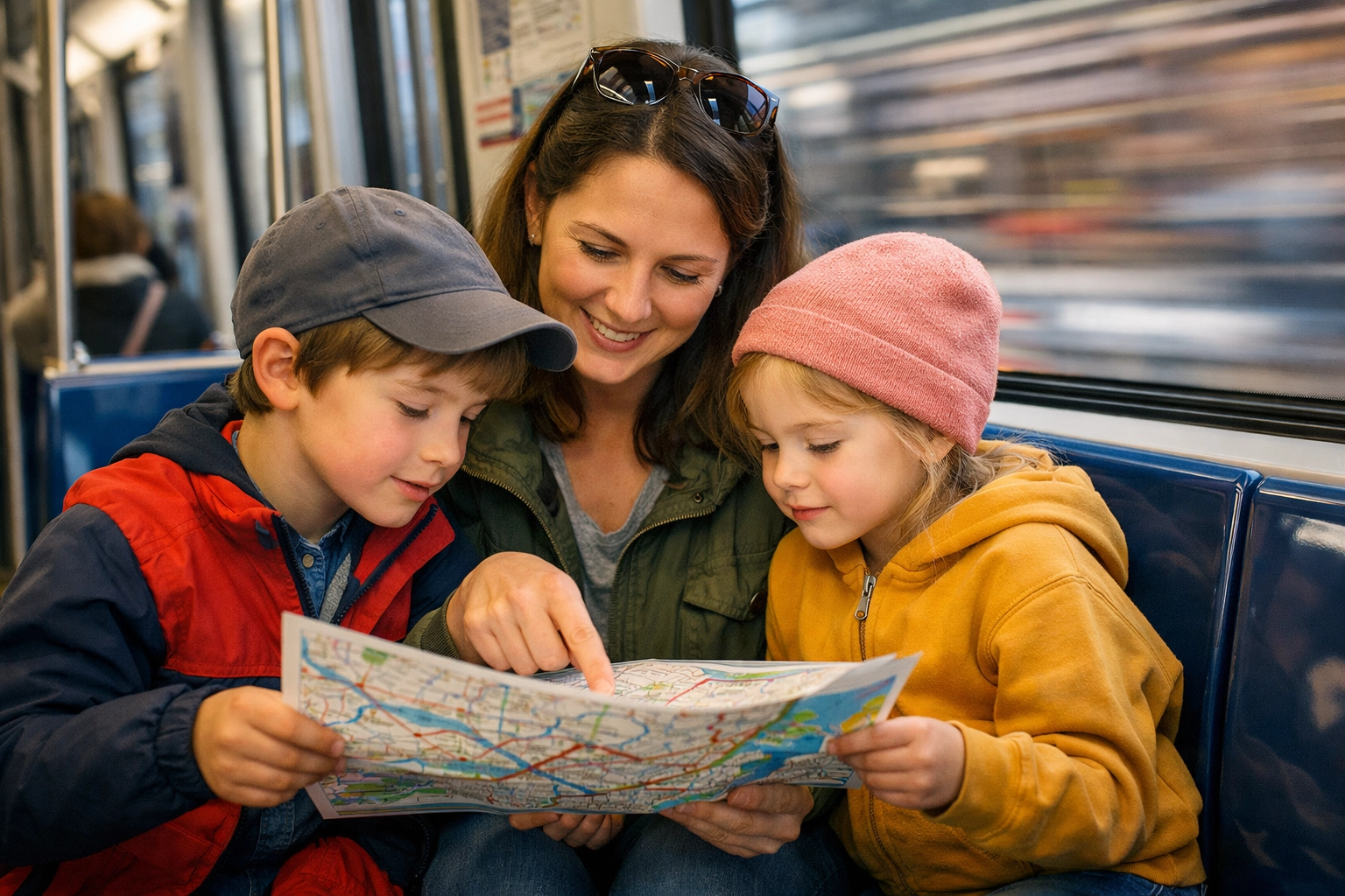 A mother and children looking at a map while riding the clean, modern Montreal Metro train.