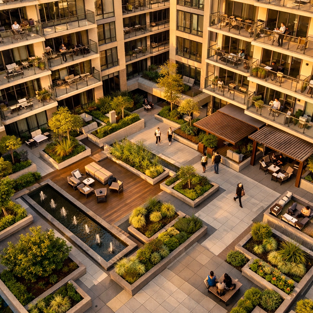 Overhead view of modern high-rise apartment building showing multiple units and urban courtyard