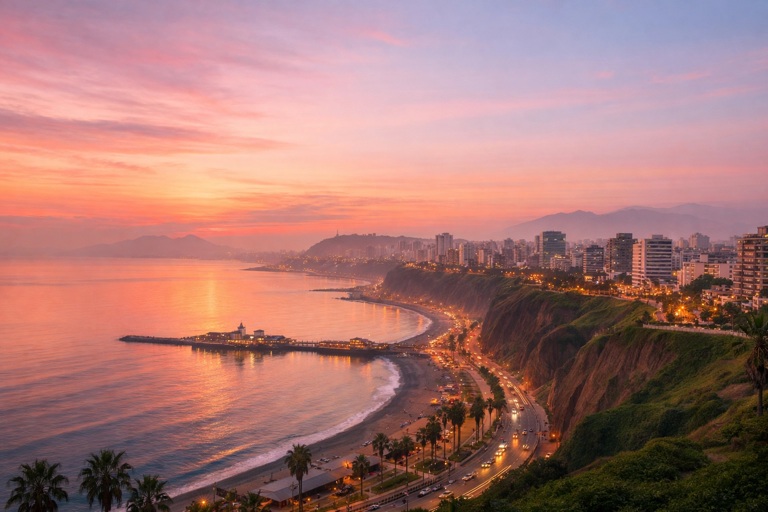 The Lima, Peru skyline at dawn, representing spiritual renewal and peace across the region.