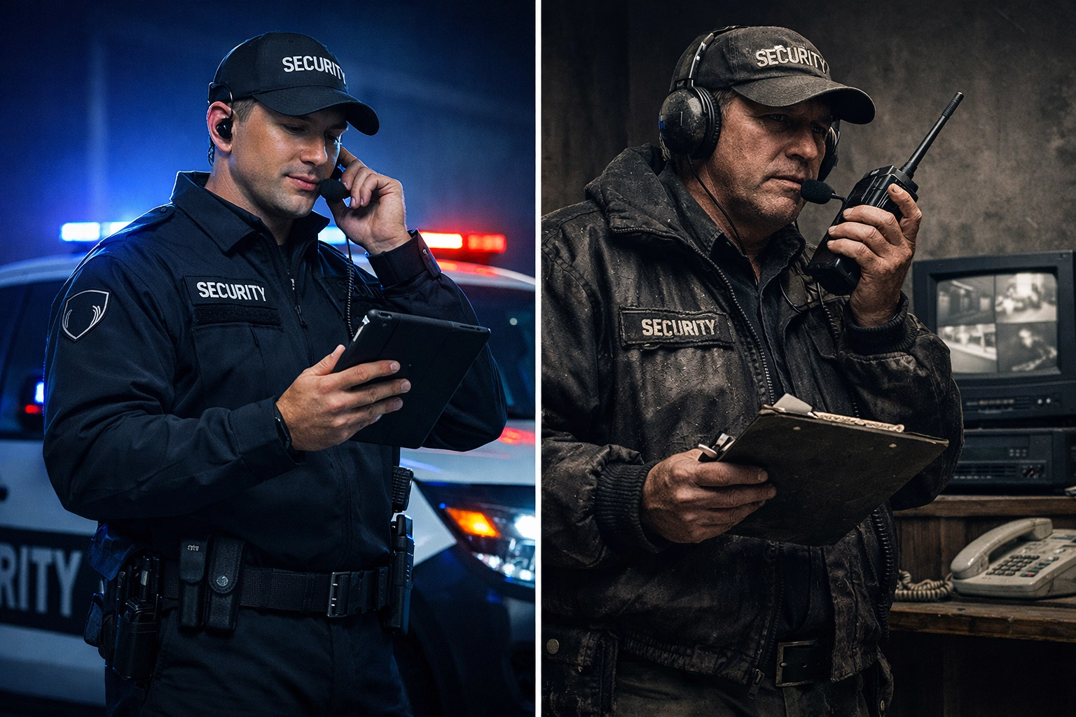 Modern security guard with technology vs outdated security equipment comparison