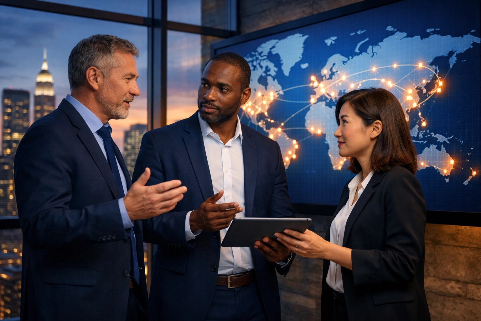 Diverse business executives analyzing a world map for global market expansion and growth.