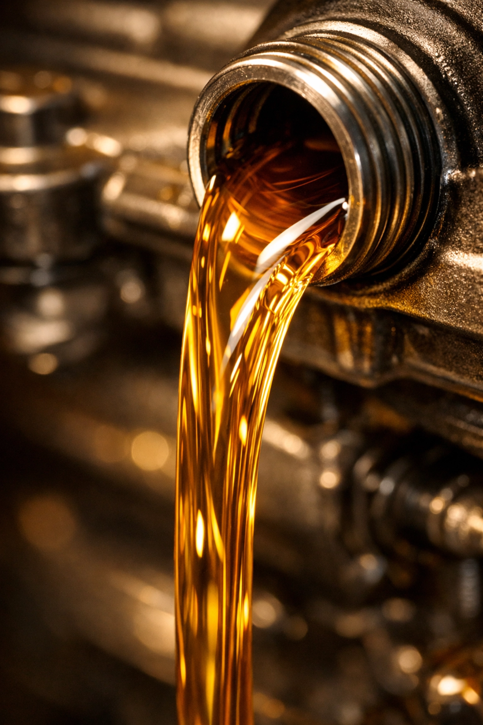 Fresh amber engine oil pouring smoothly during a professional oil change in Brooklyn.
