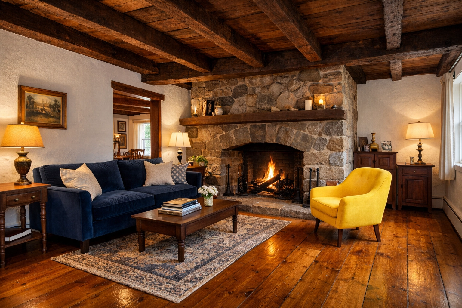 Clean historic Carlisle living room with polished pine floors and a spotless stone fireplace.