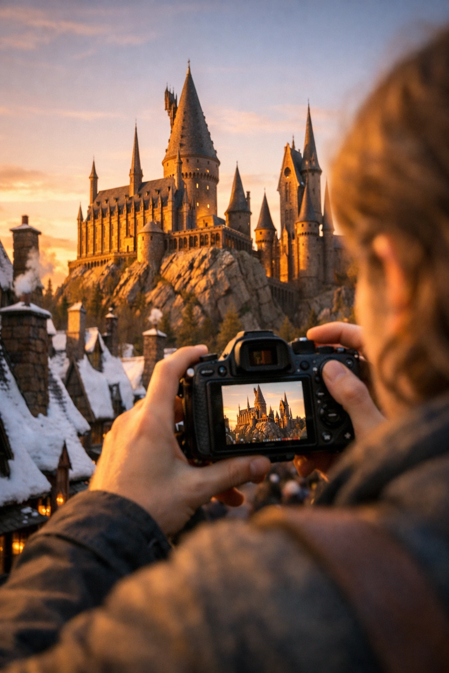 Universal Studios Hollywood Photography Guide 2026: How to Capture Movie Magic Without a Hollywood Budget 5 Photographer framing Hogwarts Castle at golden hour, using the best photography locations for magic shots.