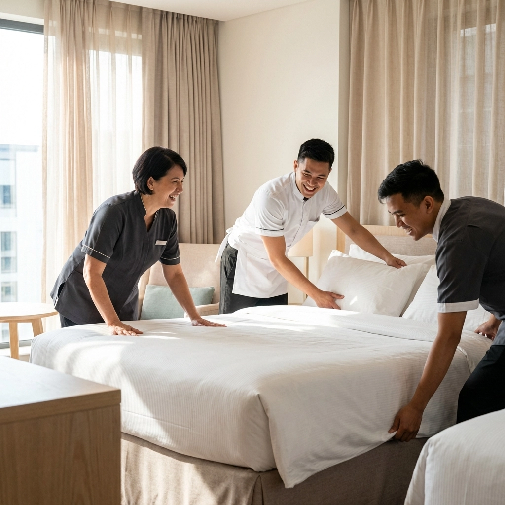 Diverse hotel housekeeping team collaborating to make a bed, illustrating the benefits of H-2B visa staff