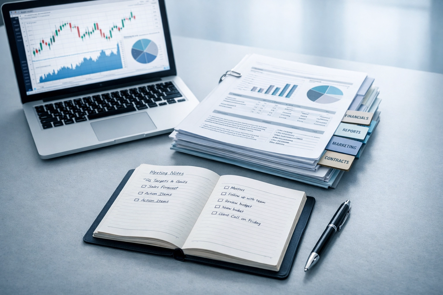 Organized business documents and financial charts showing systematic Alabama business operations