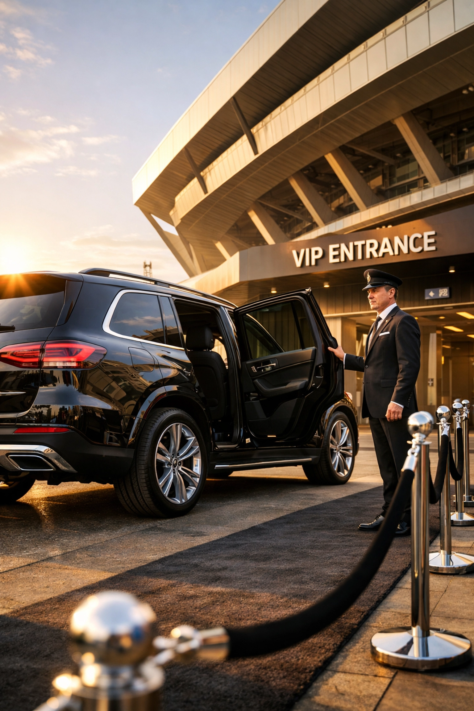 Chauffeur opening a luxury SUV door at a VIP stadium entrance for Super Bowl executive transportation.