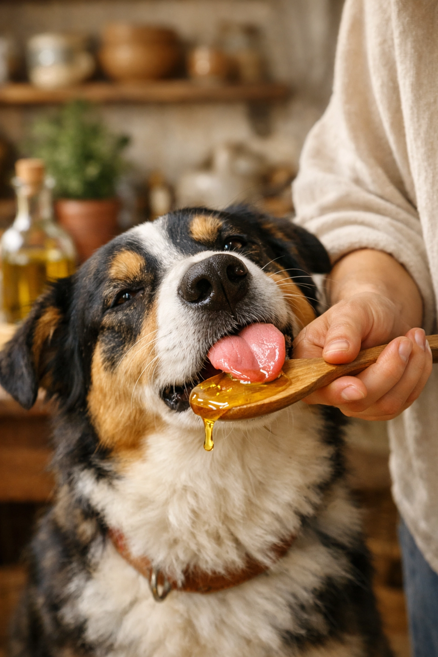 Happy dog enjoying Soothe calming coconut oil from a spoon to support daily vitality and recovery.