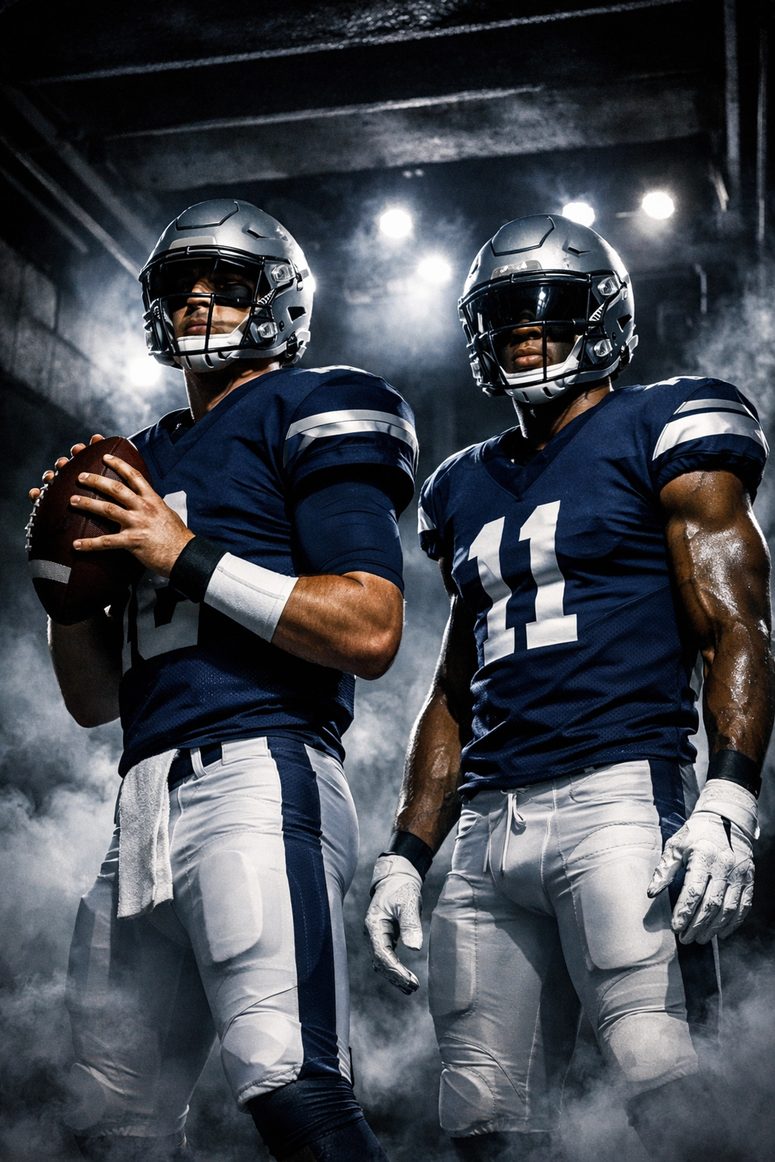 UConn quarterback and wide receiver duo in navy blue uniforms prepared for NFL Combine drills in a stadium tunnel.