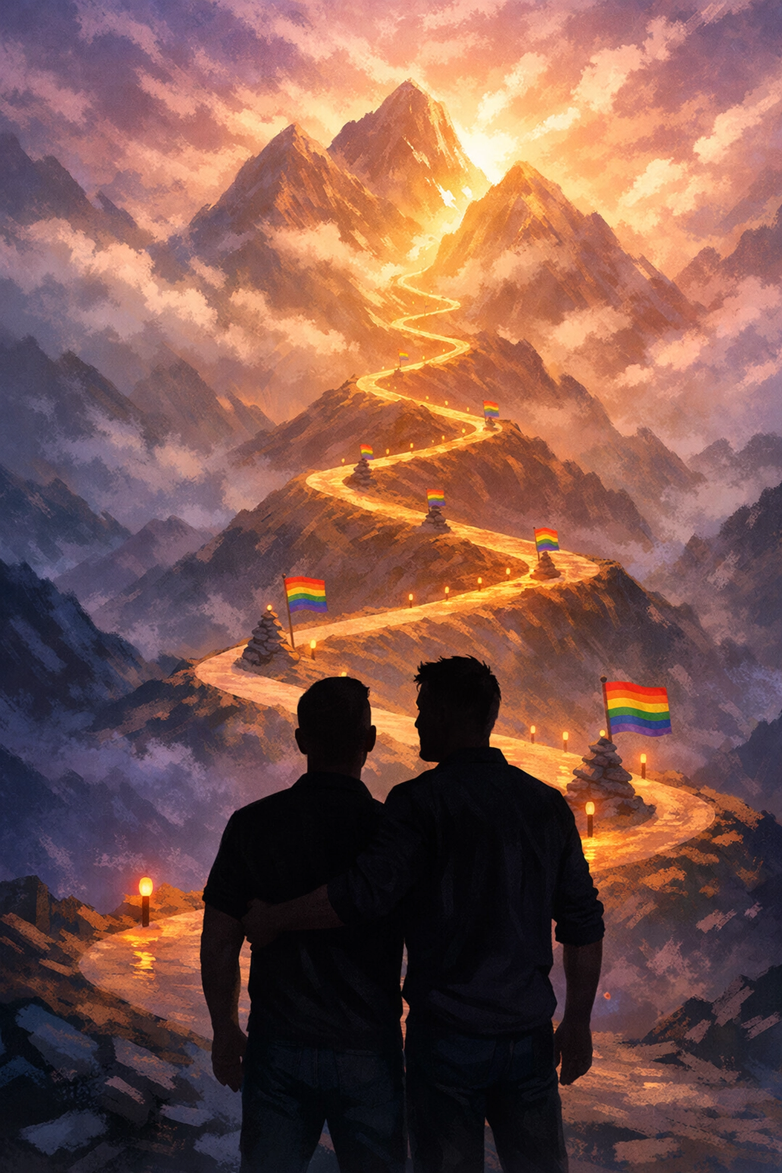 Two men beginning their LGBTQ+ recovery journey together symbolized by mountain path
