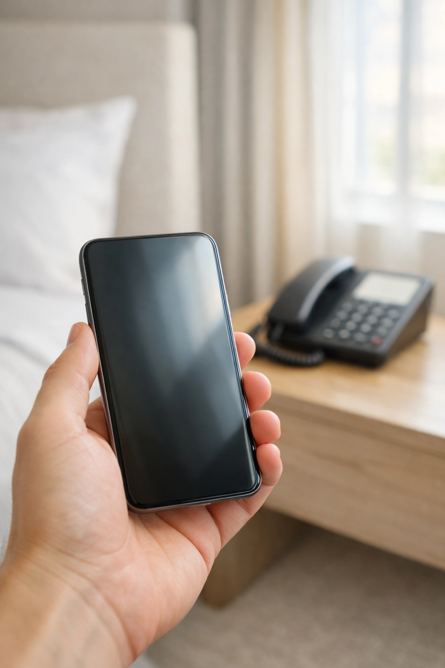 A hotel guest using a smartphone for real-time messaging, replacing traditional bedside hotel phones.