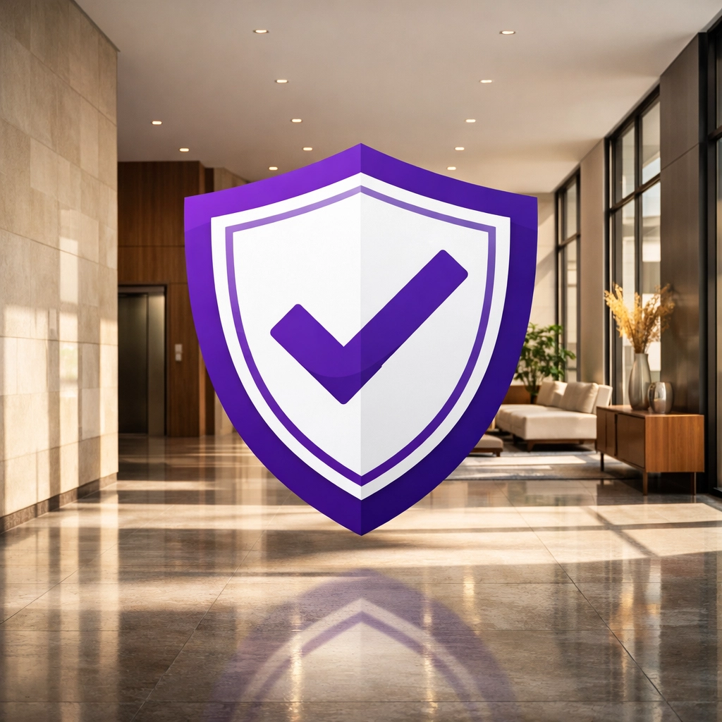 Secure apartment lobby featuring a shield icon representing building safety and compliance.