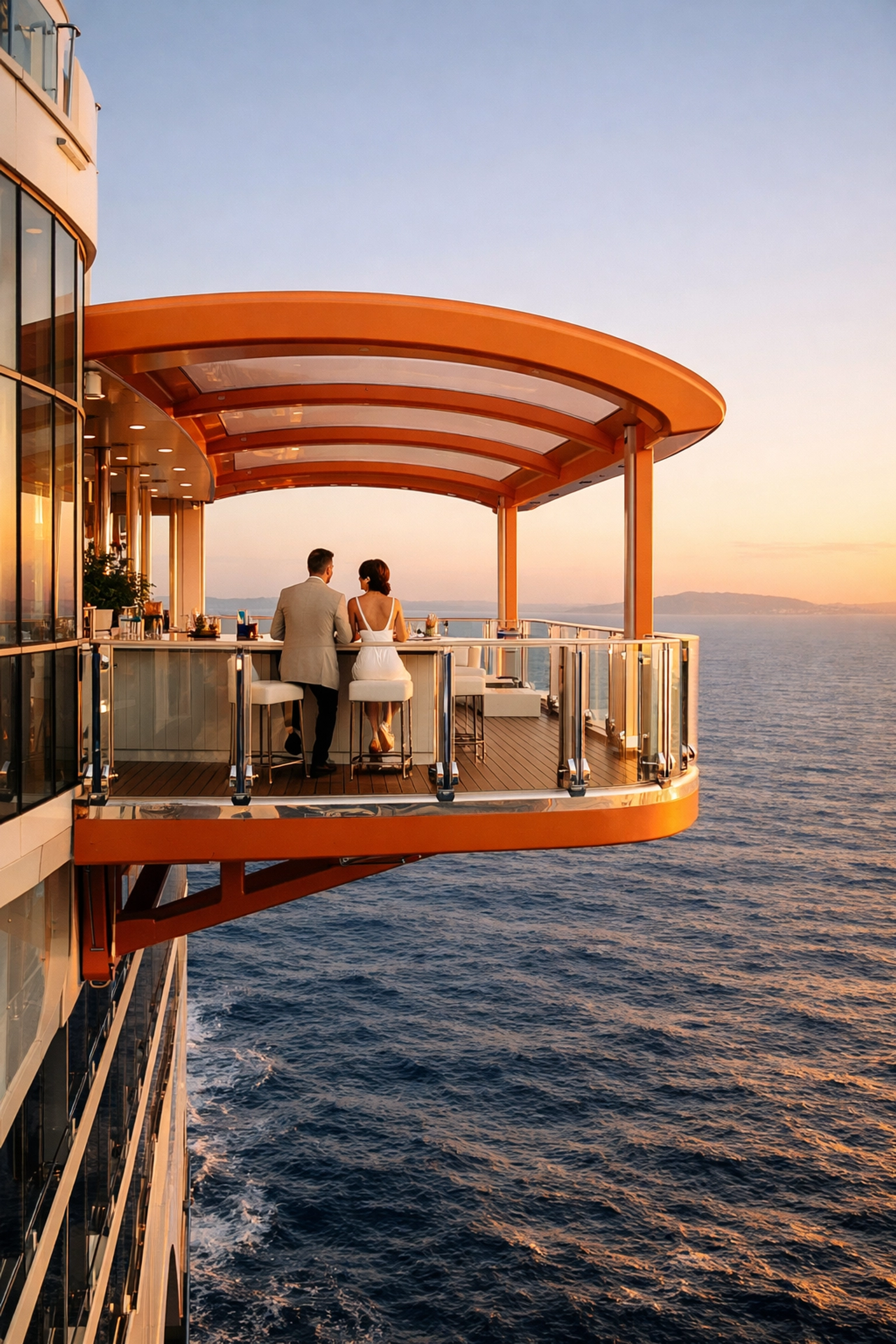 The iconic Magic Carpet lounge on a Celebrity Cruises ship offering a luxury view of the ocean.