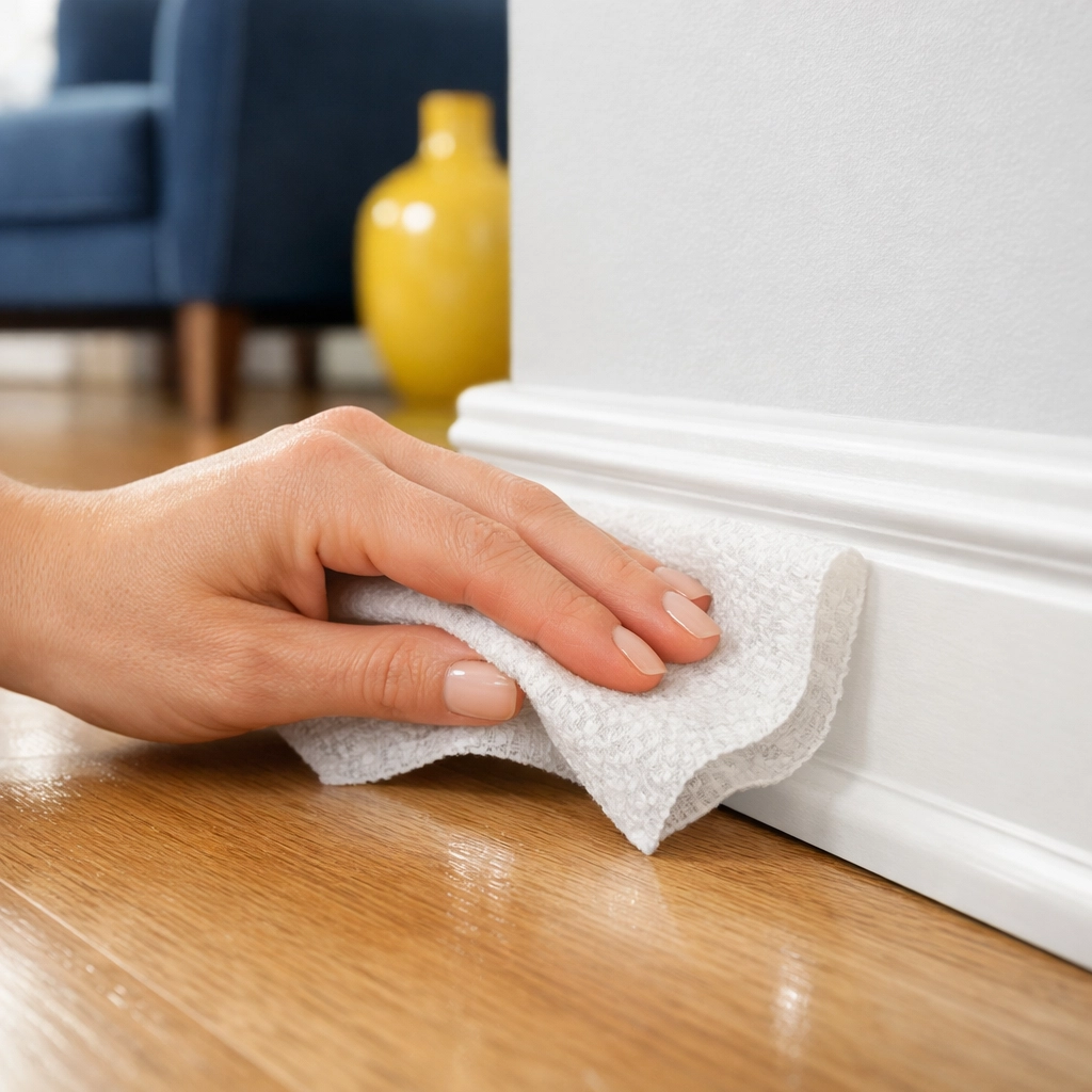 Hand wiping white baseboards with a dryer sheet to remove dust during weekly house cleaning.