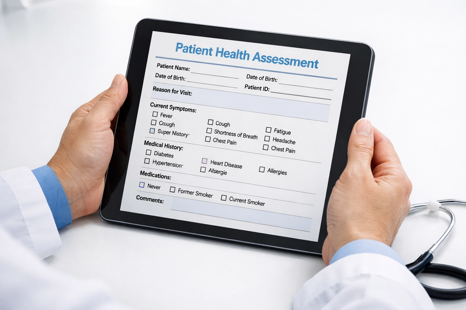 Healthcare provider reviewing patient health assessment form during online medical consultation