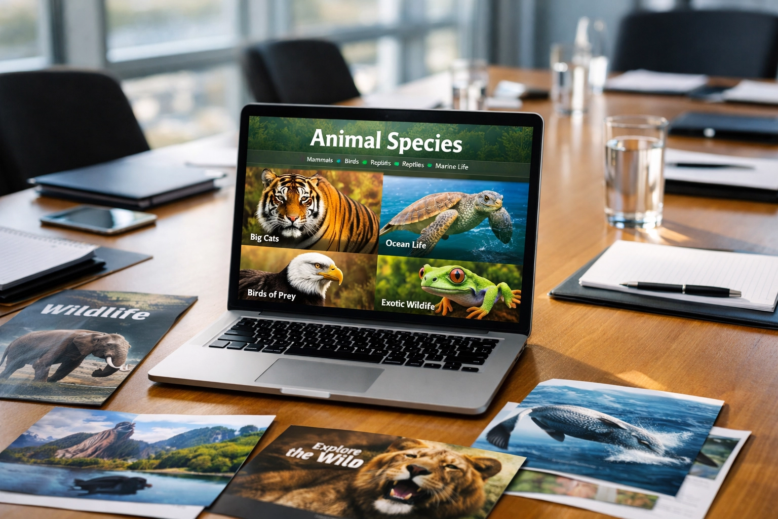 Corporate meeting with laptop showing professional animal species webpage for zoo partnership