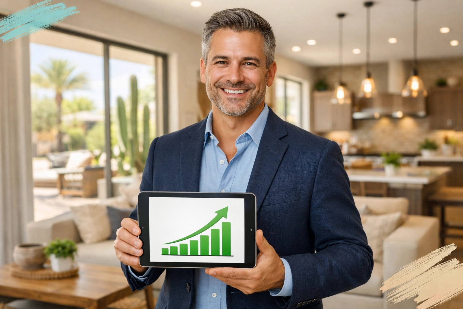Professional Arizona Realtor showing market growth data in a modern Phoenix home. Professional Arizona Realtor showing market growth data in a modern Phoenix home.