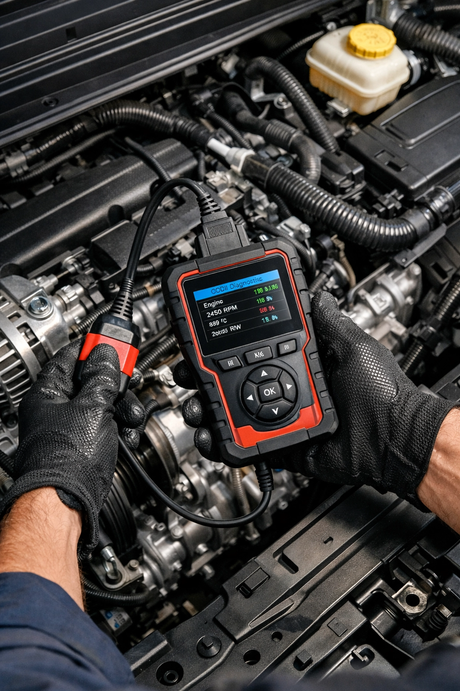Technician using diagnostic tools during an on-site car maintenance inspection in Green Bay.