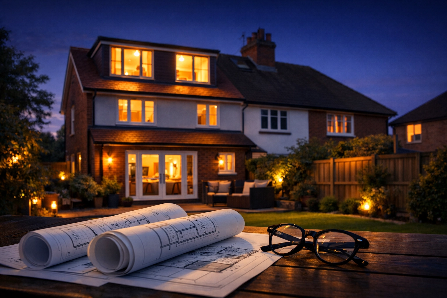 West Sussex semi-detached house with a new loft conversion and architectural blueprints at dusk.