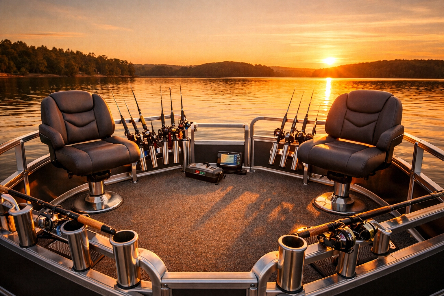 Pontoon boat fishing accessories including swivel chairs and rod holders for a pro fishing setup.