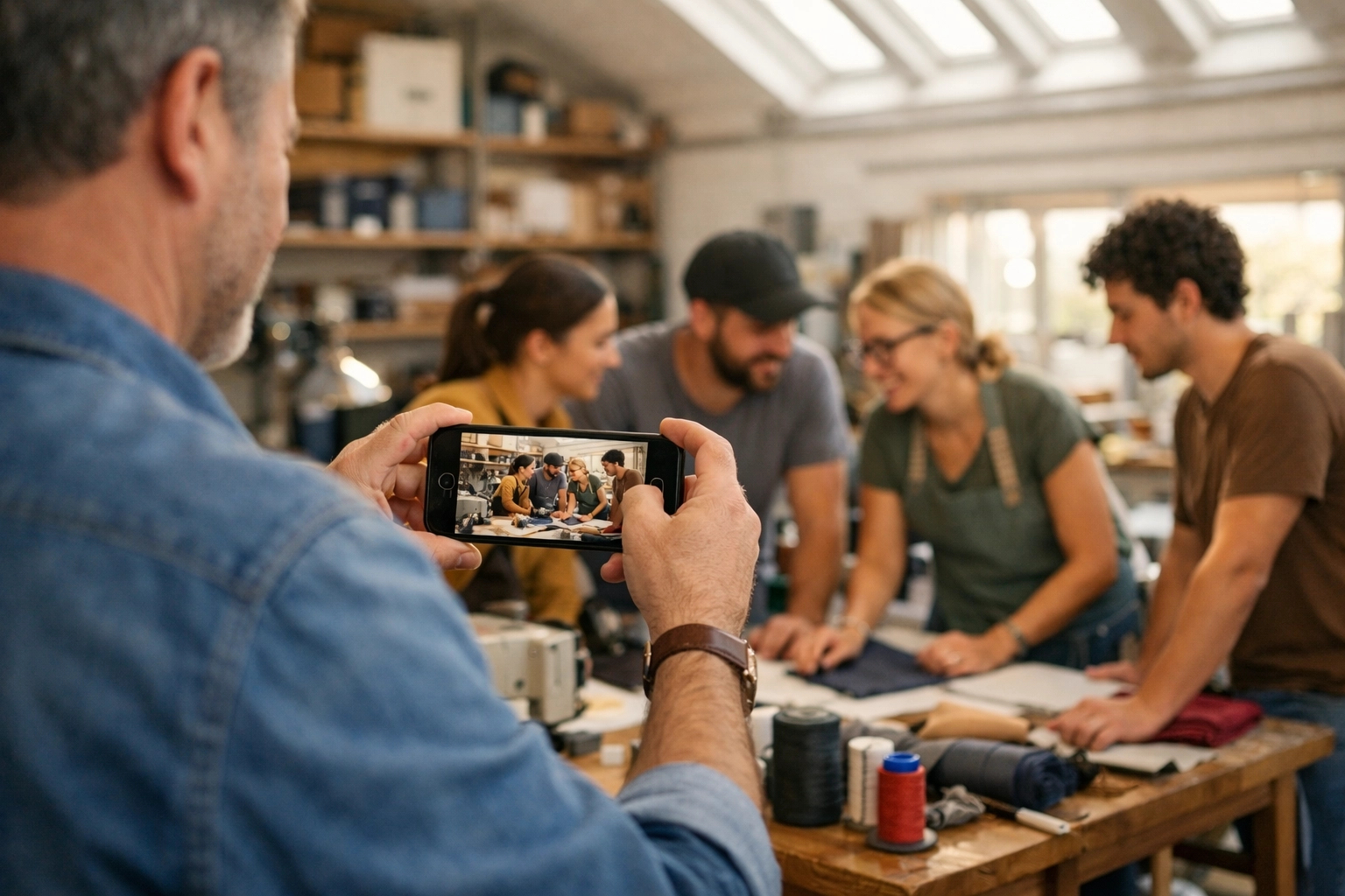 A Chester business owner taking team photos to update their Google Business Profile visuals.