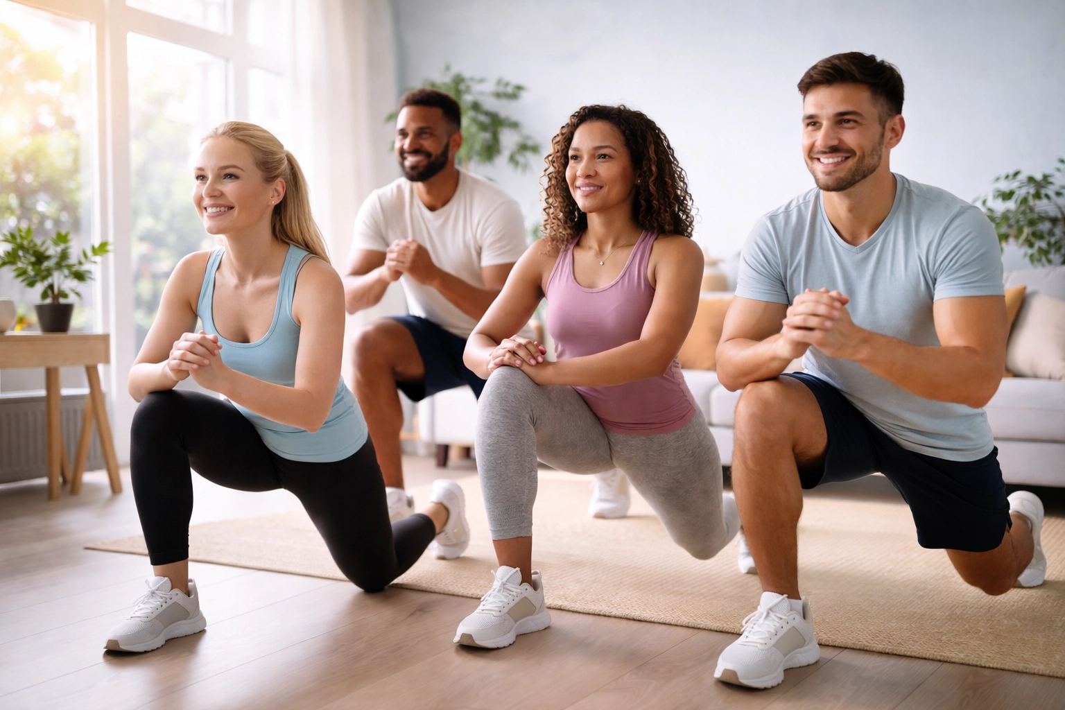 Beginner practicing a bodyweight lunge in a bright living room, showing home workouts for fat loss success.