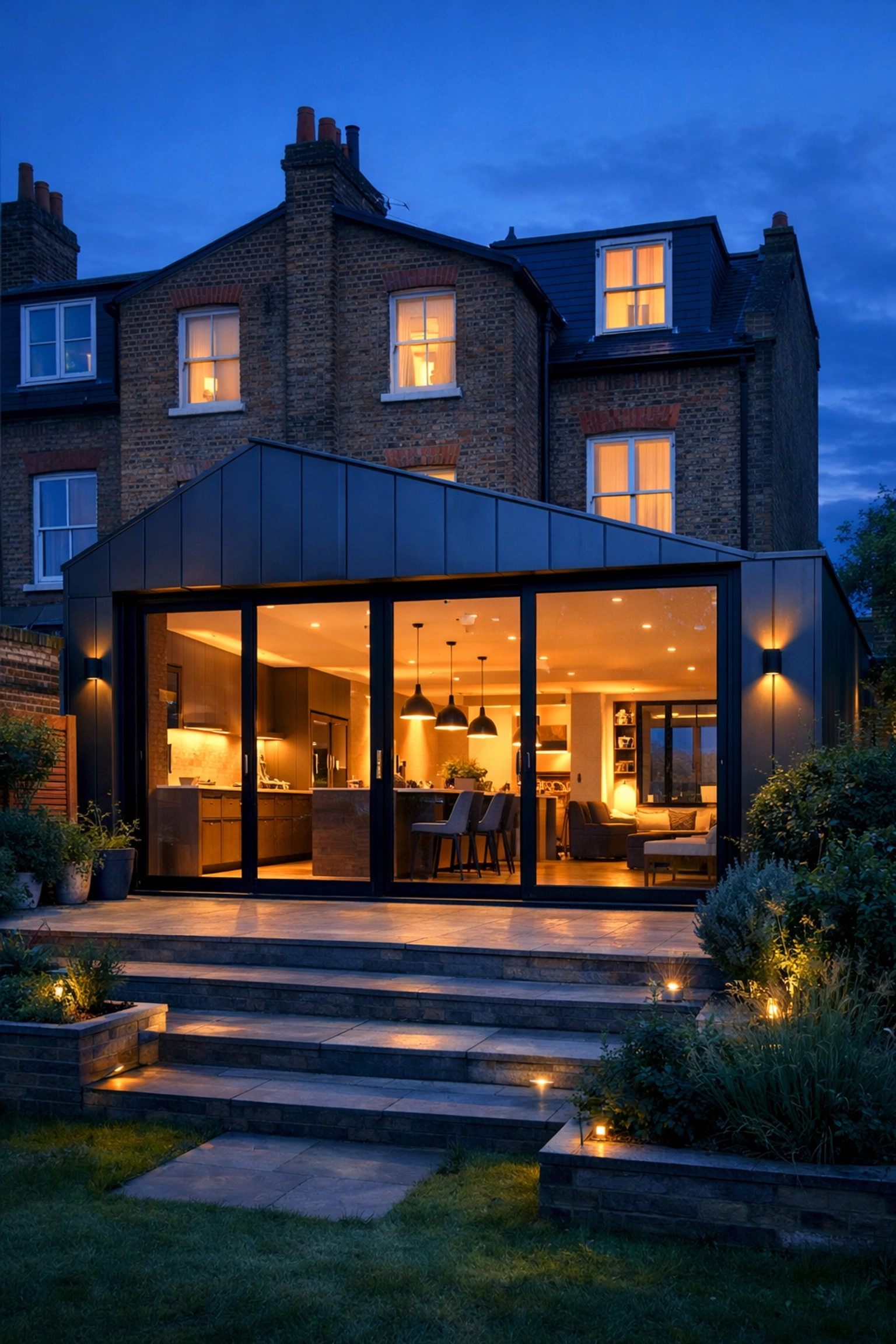 Modern rear extension with glass doors and zinc cladding on a traditional brick house in London.