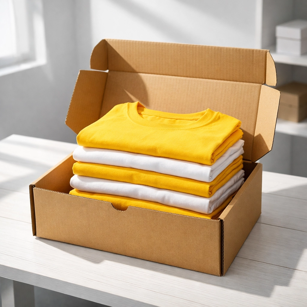 Bulk custom t-shirts stacked in a shipping box, ready for fast delivery to a summer camp.